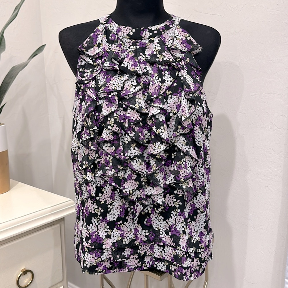 ECI New York Halter Neck Tiered Ruffle Front U Back Lined Top
